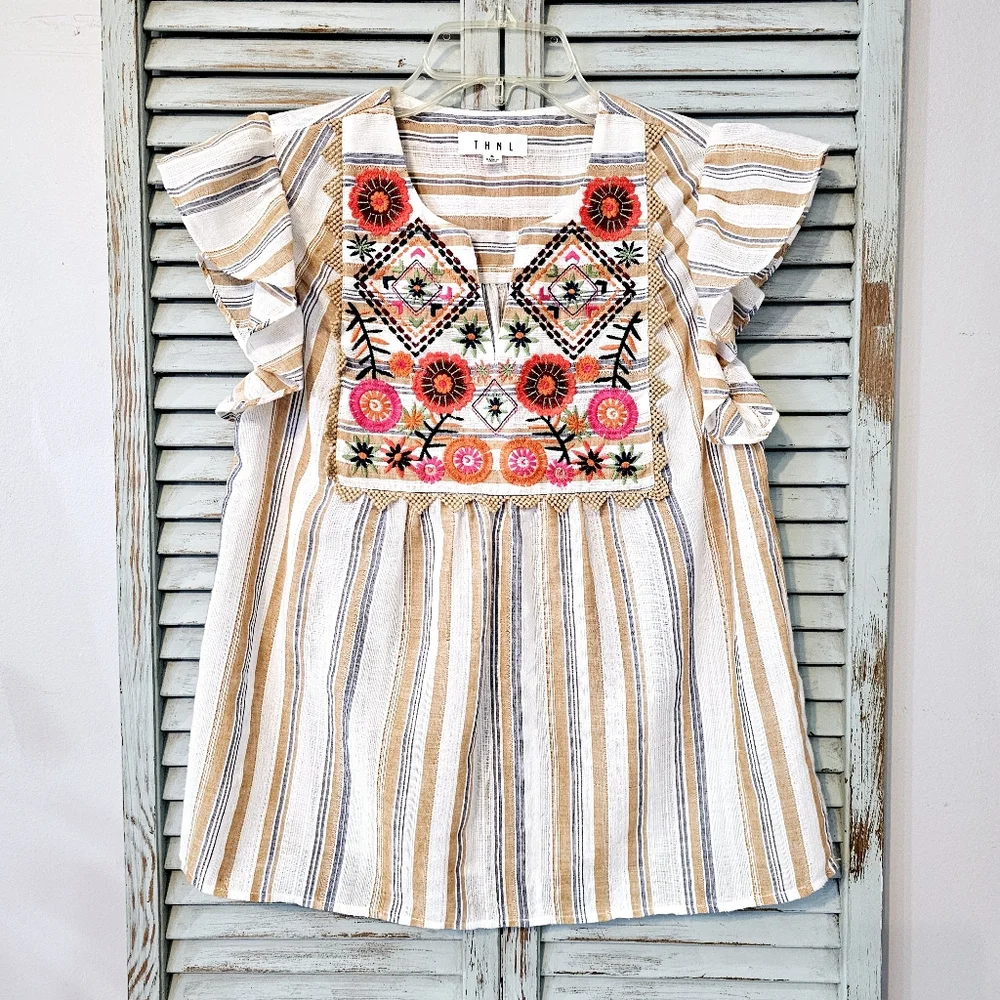 THML Babydoll Top S Floral Embroidered Striped Ruffle Boho Prairie Cottagecore - Picture 2 of 8